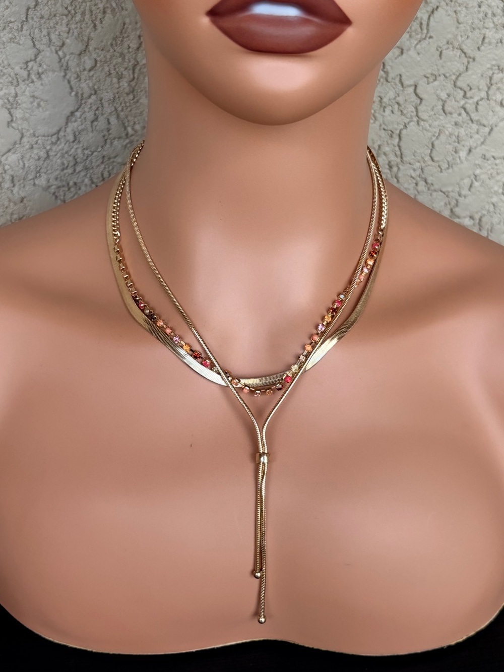 LOFT Trendy Gold Multi-Strand Layered Necklace with Pink Accent Stones